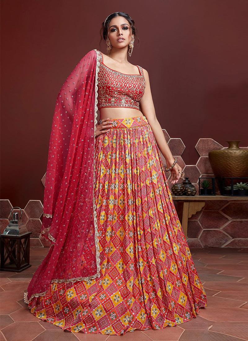 Red Pink Color Crushed Lehenga Choli