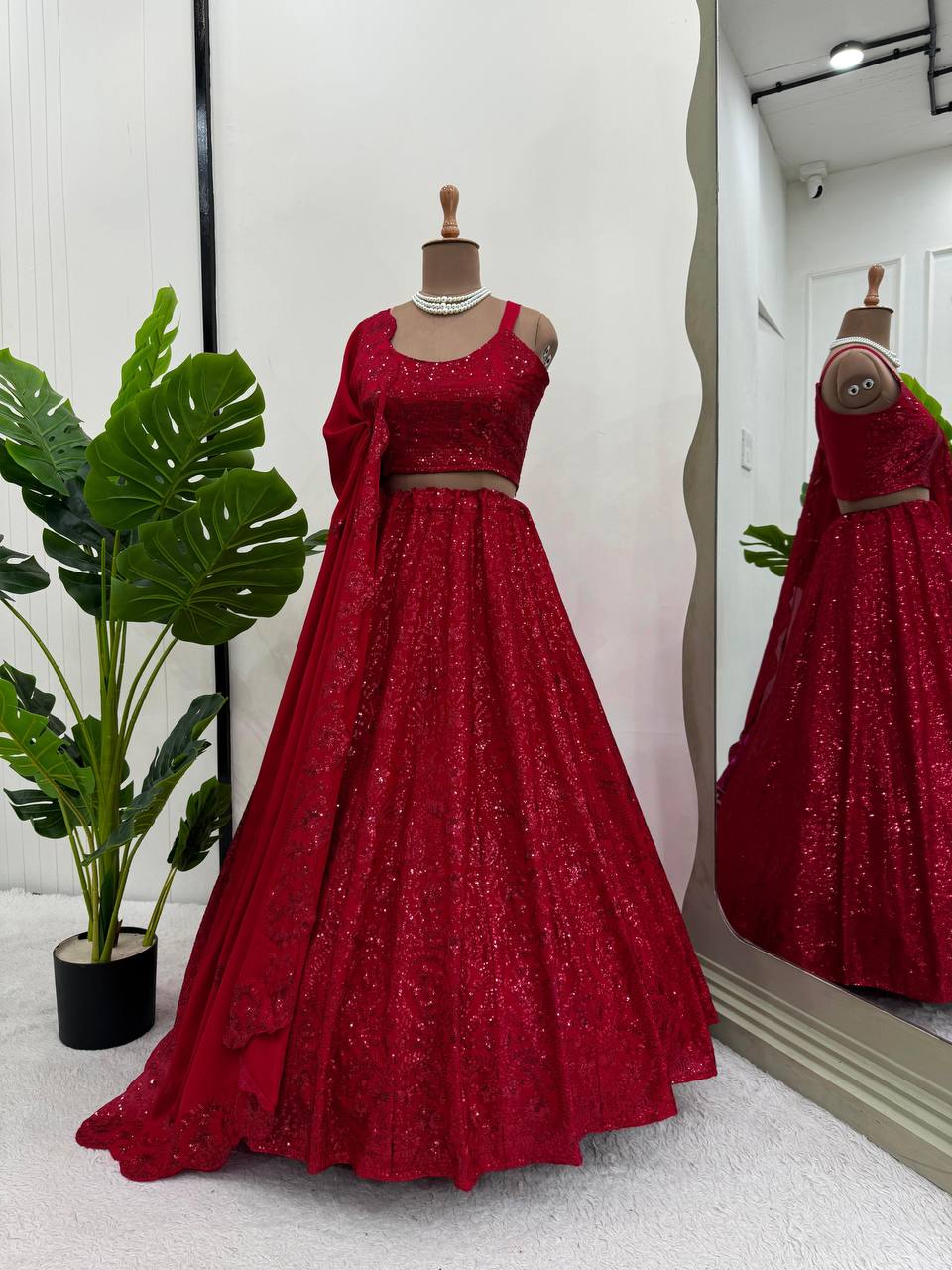 Red Premium Chinon Silk Semi-Stitched Lehenga Choli Set with Sequin & Thread Embroidery