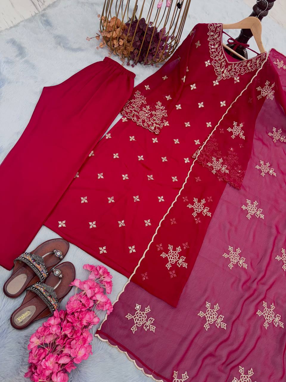 Red Premium Designer Party Wear Faux Georgette Top, Bottom & Dupatta Set