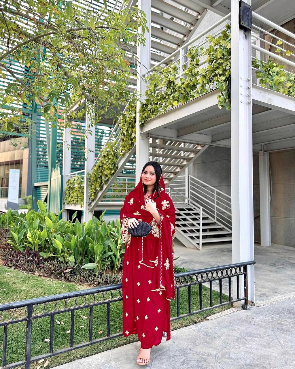 Red Premium Designer Party Wear Faux Georgette Top, Bottom & Dupatta Set
