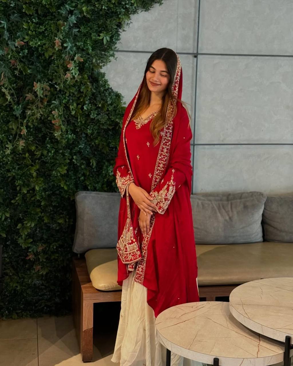 Red Premium Designer Party Wear Heavy Chinon Silk Top, Palazzo & Dupatta Set