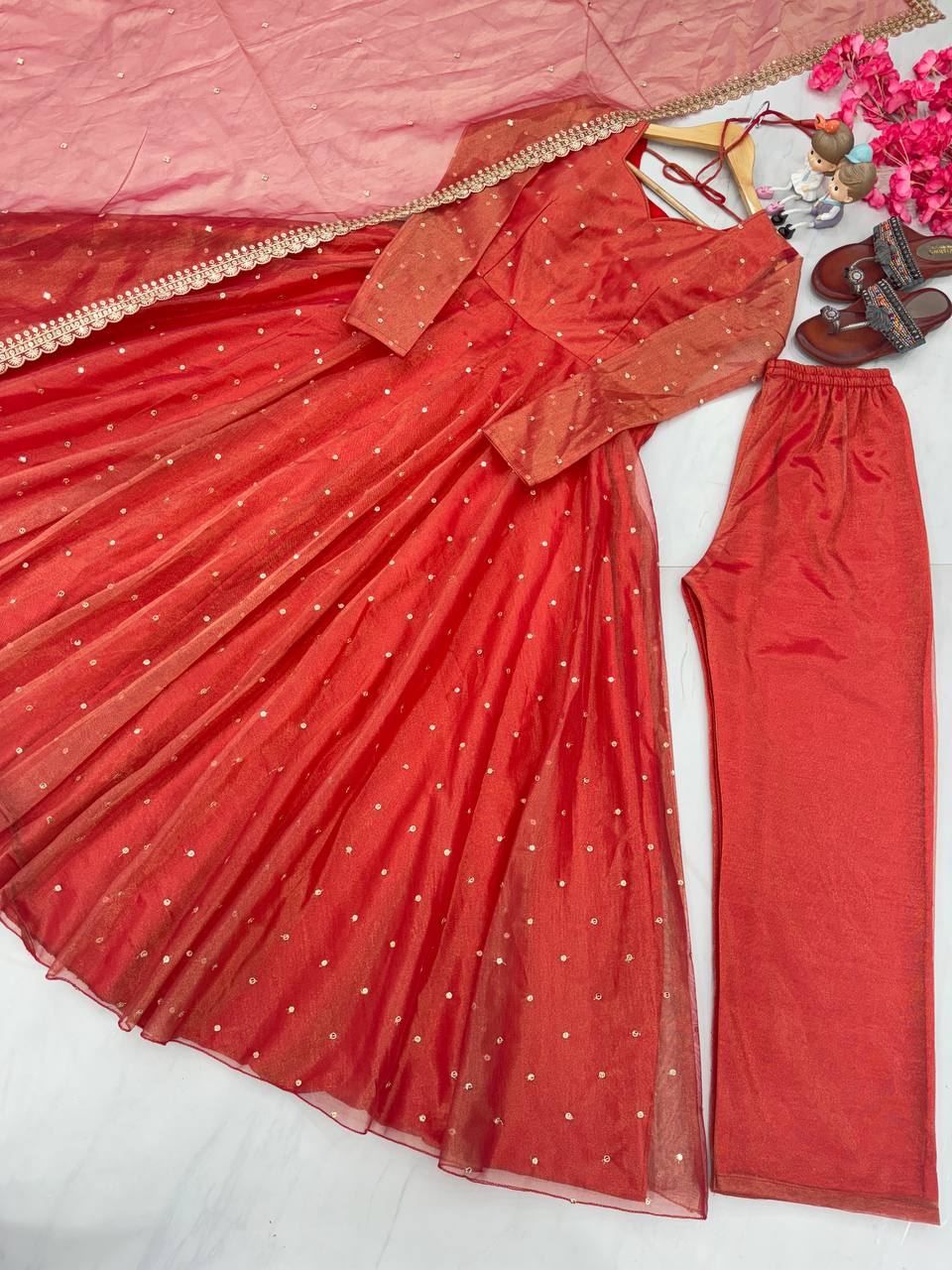 Red Premium Designer Party Wear Pur Twil Gold Net Anarkali Gown, Dupatta Set – Elegant Festive Look