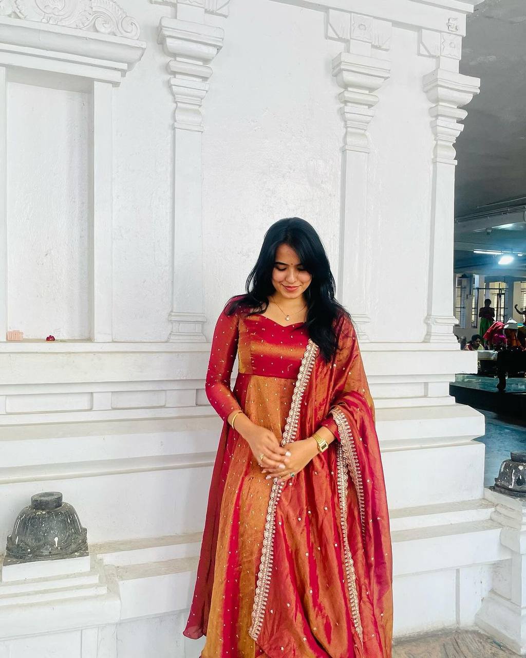Red Premium Designer Party Wear Pur Twil Gold Net Anarkali Gown, Dupatta Set – Elegant Festive Look