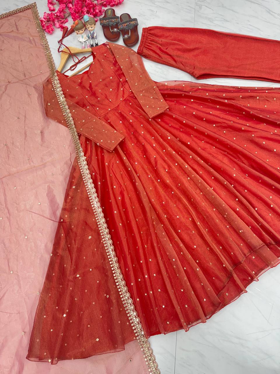 Red Premium Designer Party Wear Pur Twil Gold Net Anarkali Gown, Dupatta Set – Elegant Festive Look