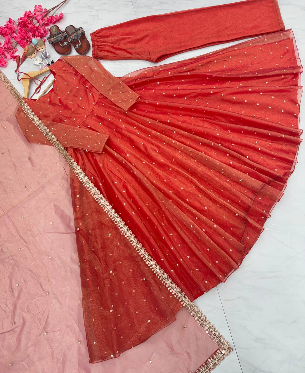 Red Premium Designer Party Wear Pur Twil Gold Net Anarkali Gown, Dupatta Set – Elegant Festive Look