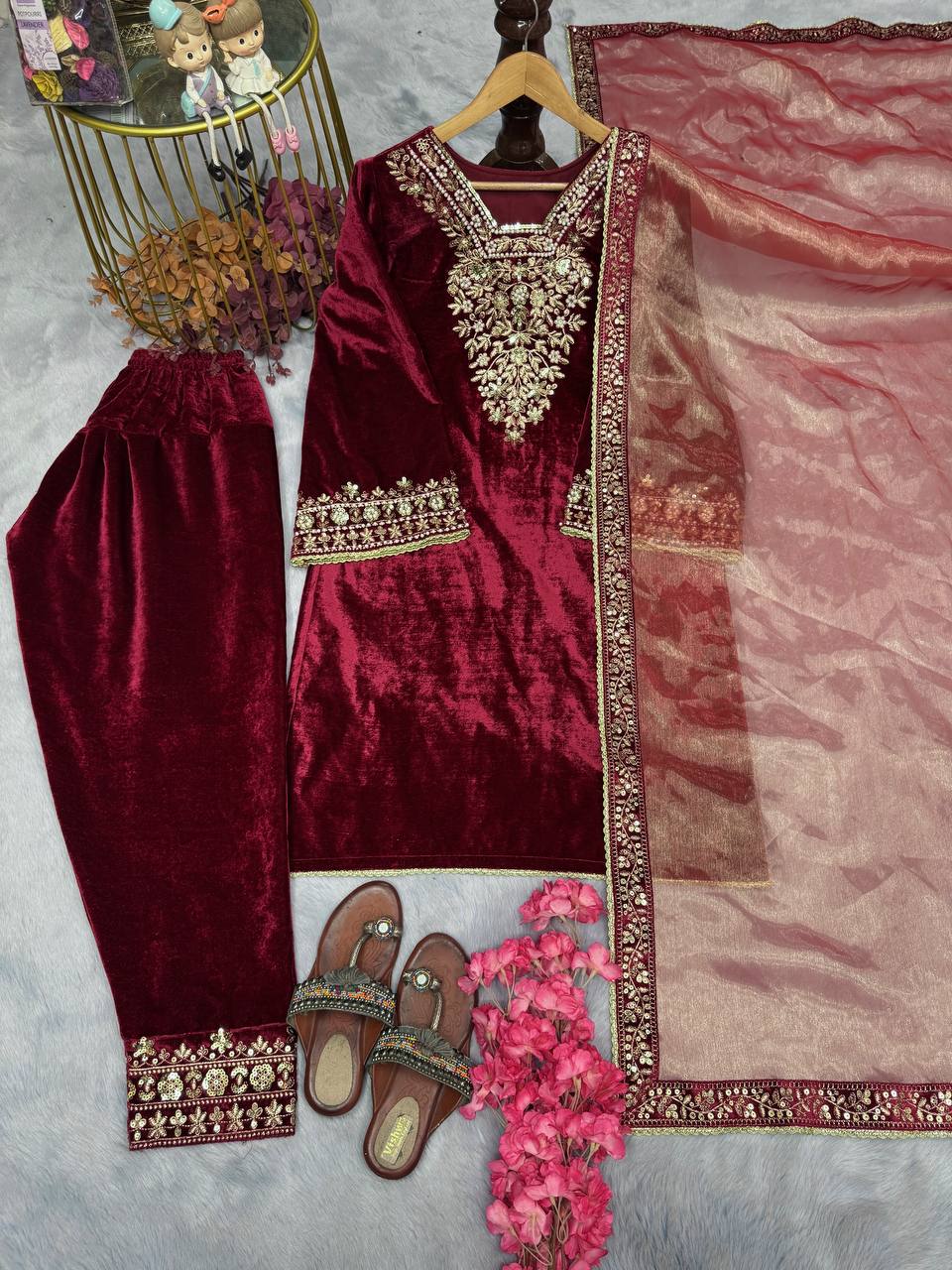 Red Premium Designer Party Wear Ready-made Top, Bottom & Dupatta Set