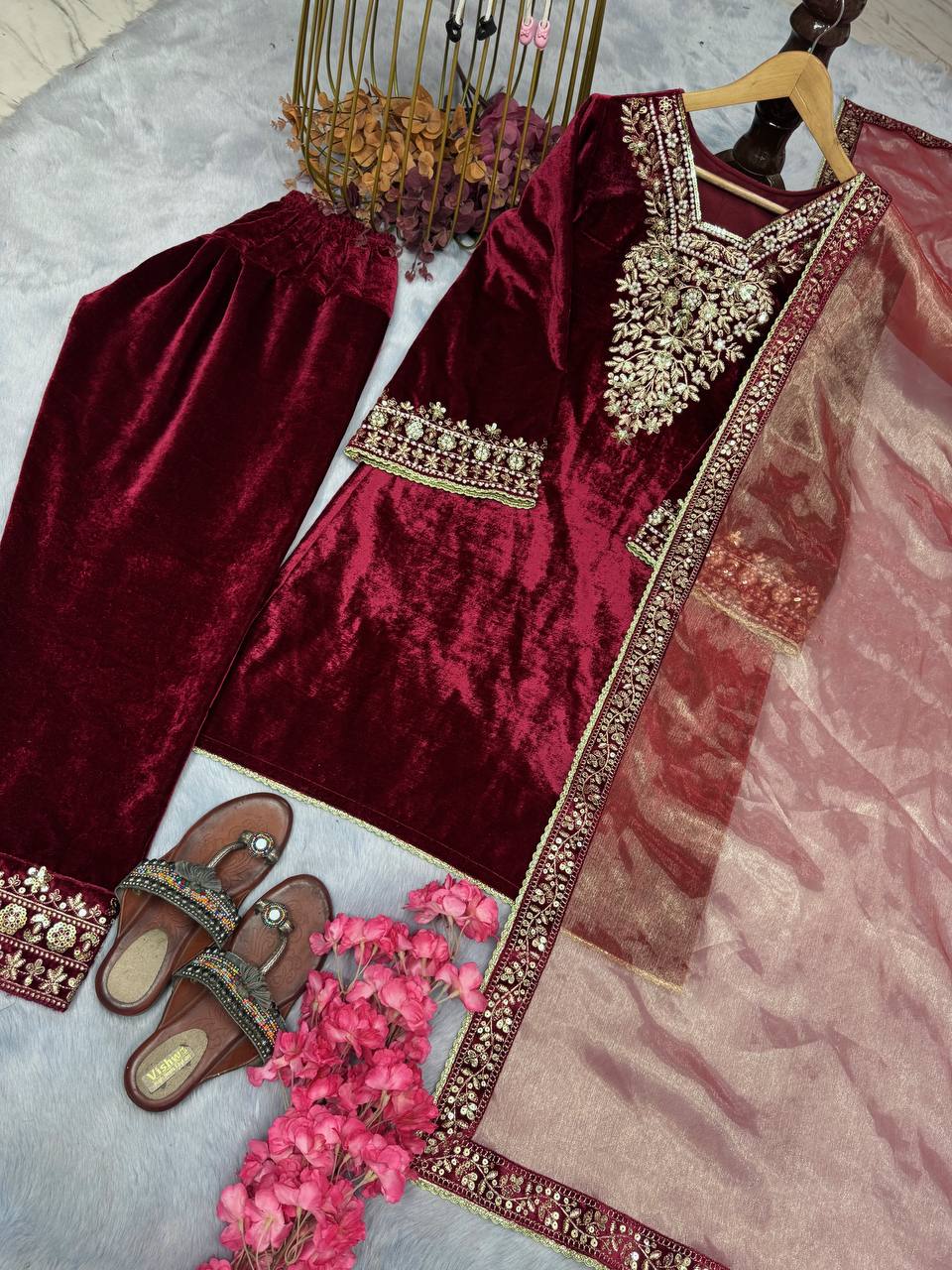 Red Premium Designer Party Wear Ready-made Top, Bottom & Dupatta Set