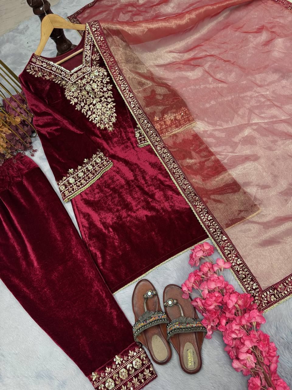 Red Premium Designer Party Wear Ready-made Top, Bottom & Dupatta Set