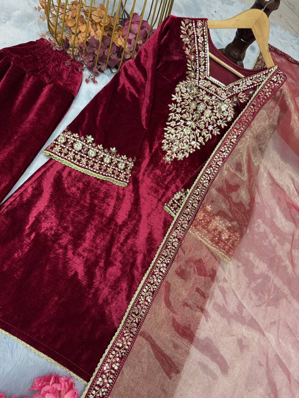 Red Premium Designer Party Wear Ready-made Top, Bottom & Dupatta Set