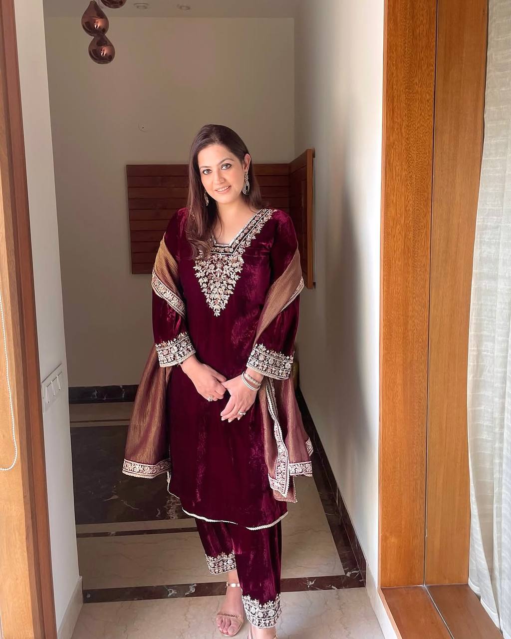 Red Premium Designer Party Wear Ready-made Top, Bottom & Dupatta Set