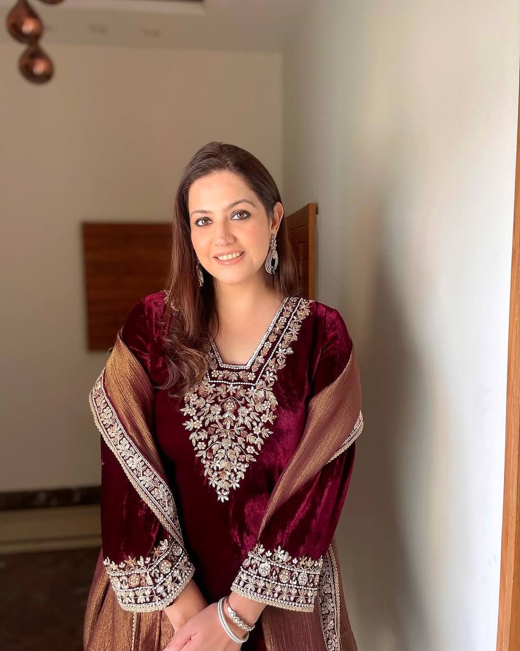 Red Premium Designer Party Wear Ready-made Top, Bottom & Dupatta Set