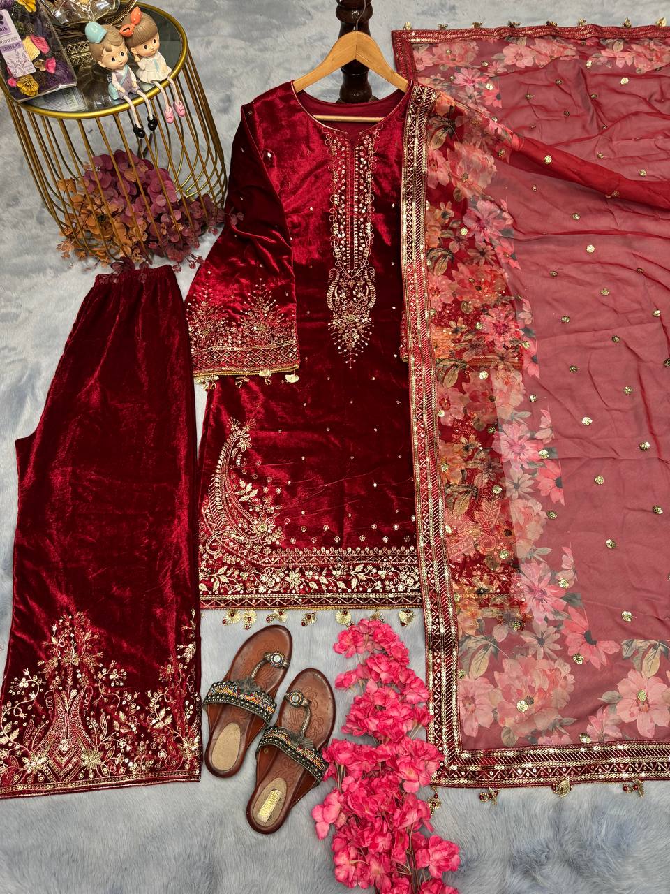 Red Premium Designer Party Wear Viscose Velvet Top, Plazzo & Dupatta Set – Elegant Festive Look