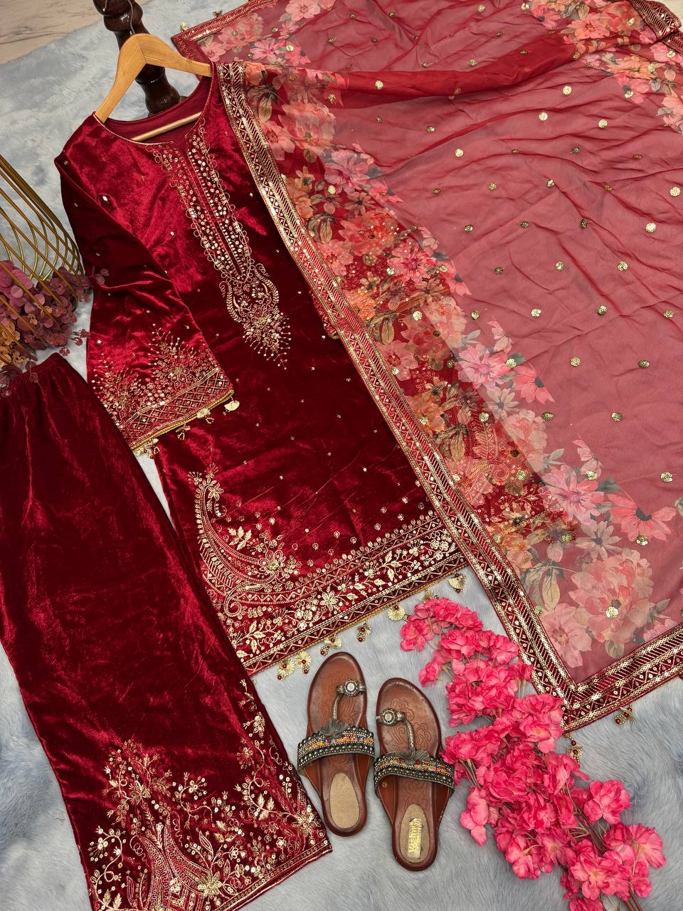 Red Premium Designer Party Wear Viscose Velvet Top, Plazzo & Dupatta Set – Elegant Festive Look