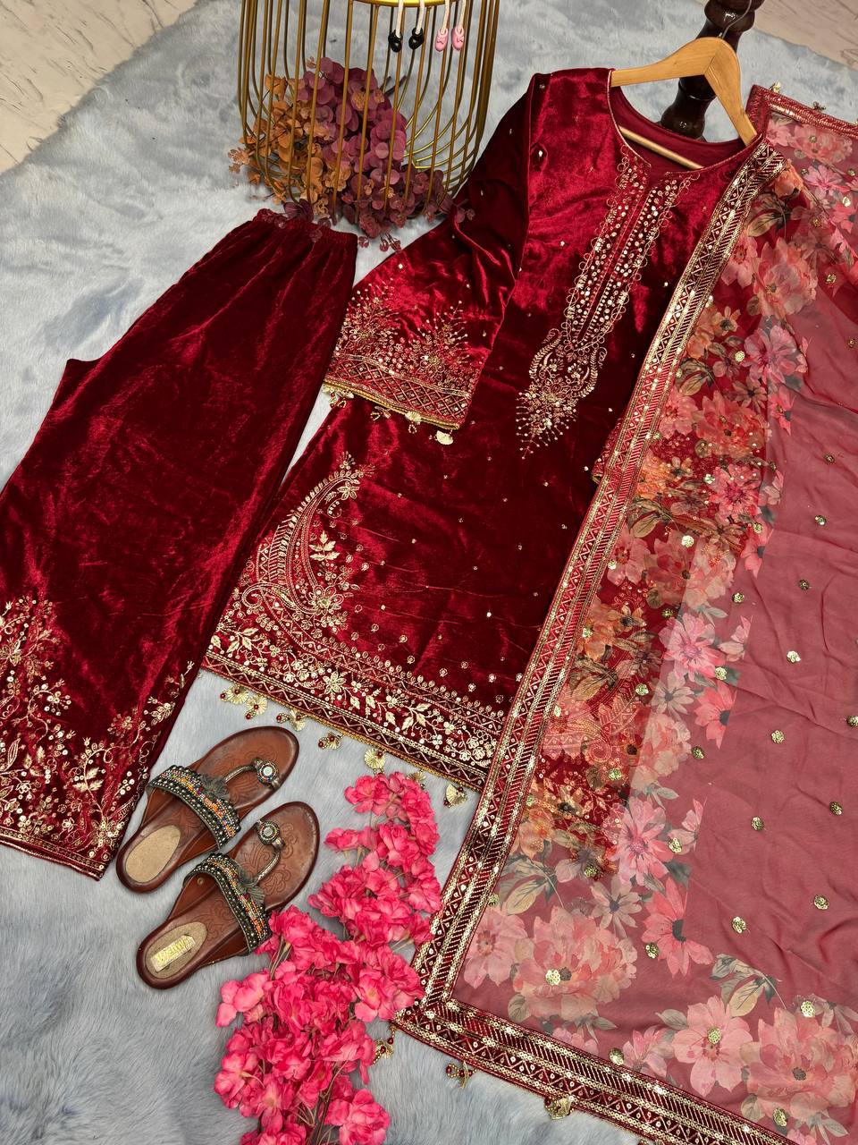 Red Premium Designer Party Wear Viscose Velvet Top, Plazzo & Dupatta Set – Elegant Festive Look