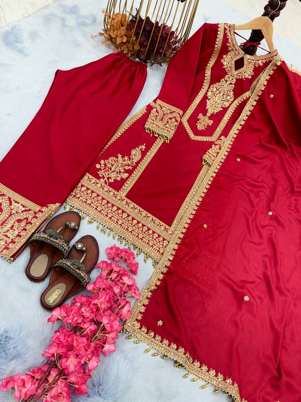 Red Premium Designer Readymade Chinon Silk Top, Plazzo & Dupatta Set – Party Wear Elegance