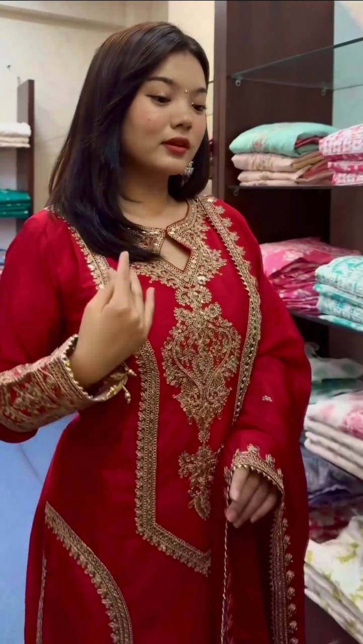 Red Premium Designer Readymade Chinon Silk Top, Plazzo & Dupatta Set – Party Wear Elegance