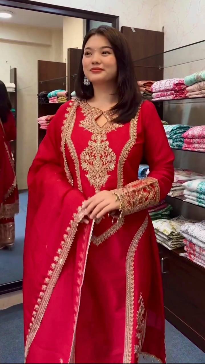 Red Premium Designer Readymade Chinon Silk Top, Plazzo & Dupatta Set – Party Wear Elegance