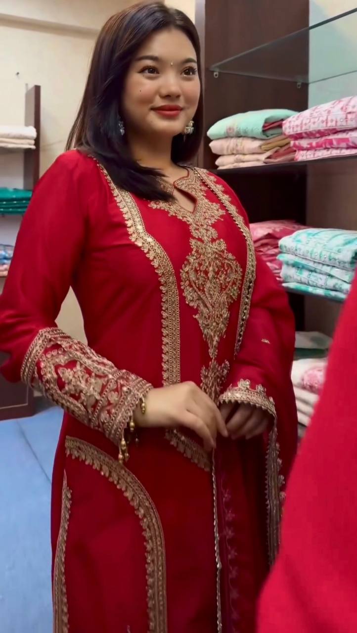 Red Premium Designer Readymade Chinon Silk Top, Plazzo & Dupatta Set – Party Wear Elegance