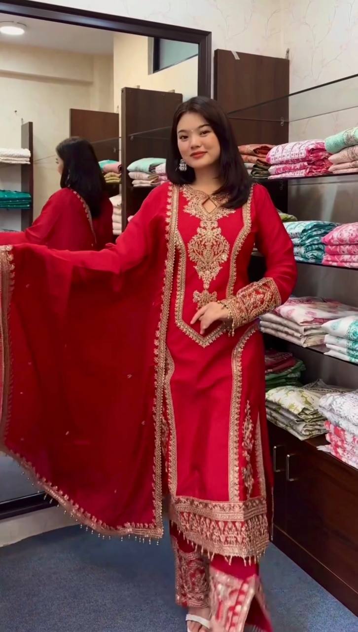 Red Premium Designer Readymade Chinon Silk Top, Plazzo & Dupatta Set – Party Wear Elegance