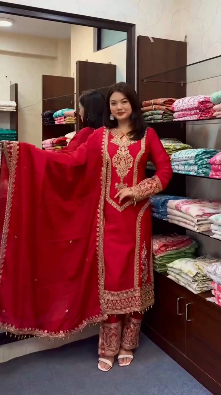 Red Premium Designer Readymade Chinon Silk Top, Plazzo & Dupatta Set – Party Wear Elegance