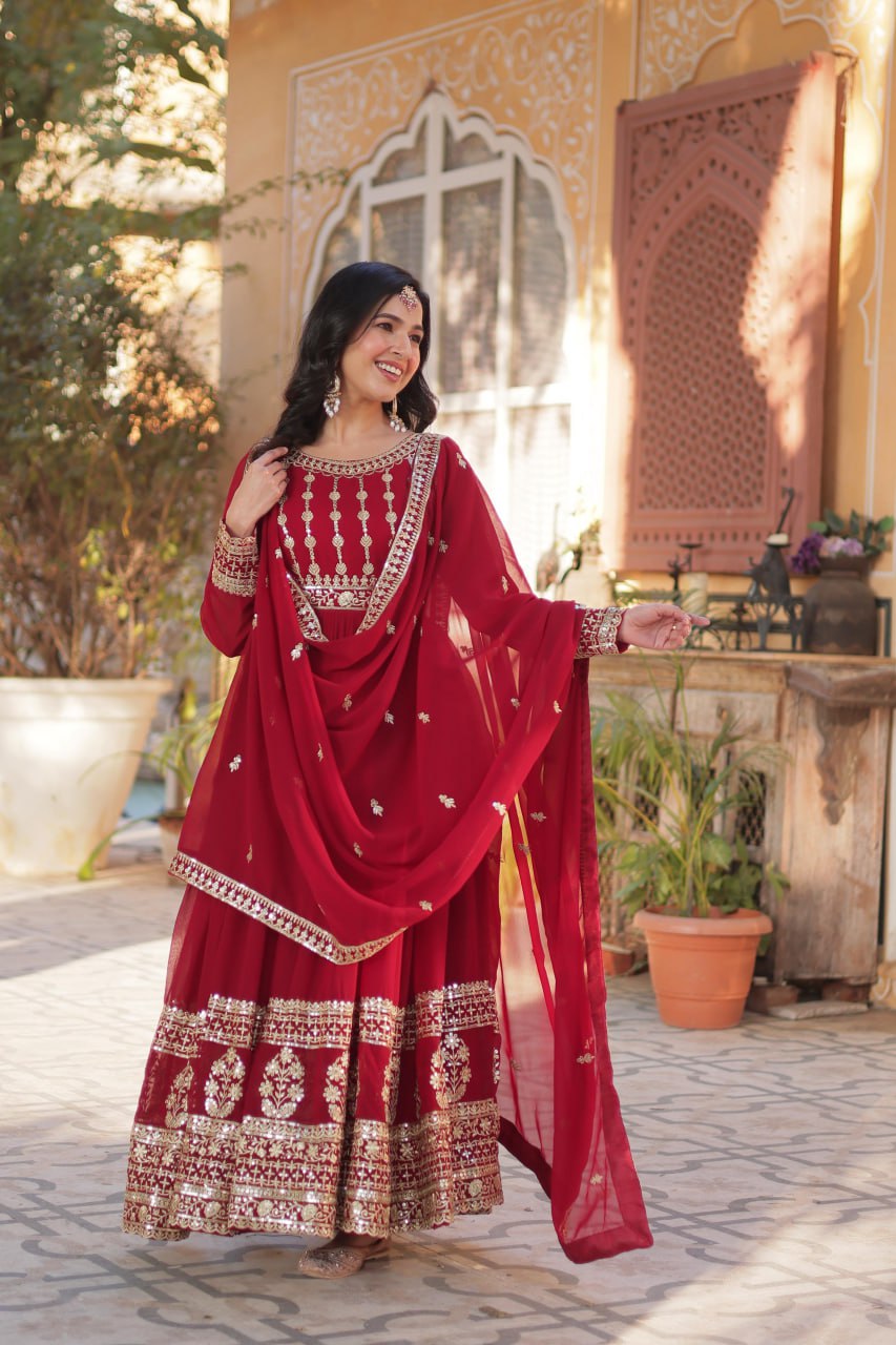 Red Premium Designer Readymade Gown-Dupatta Collection