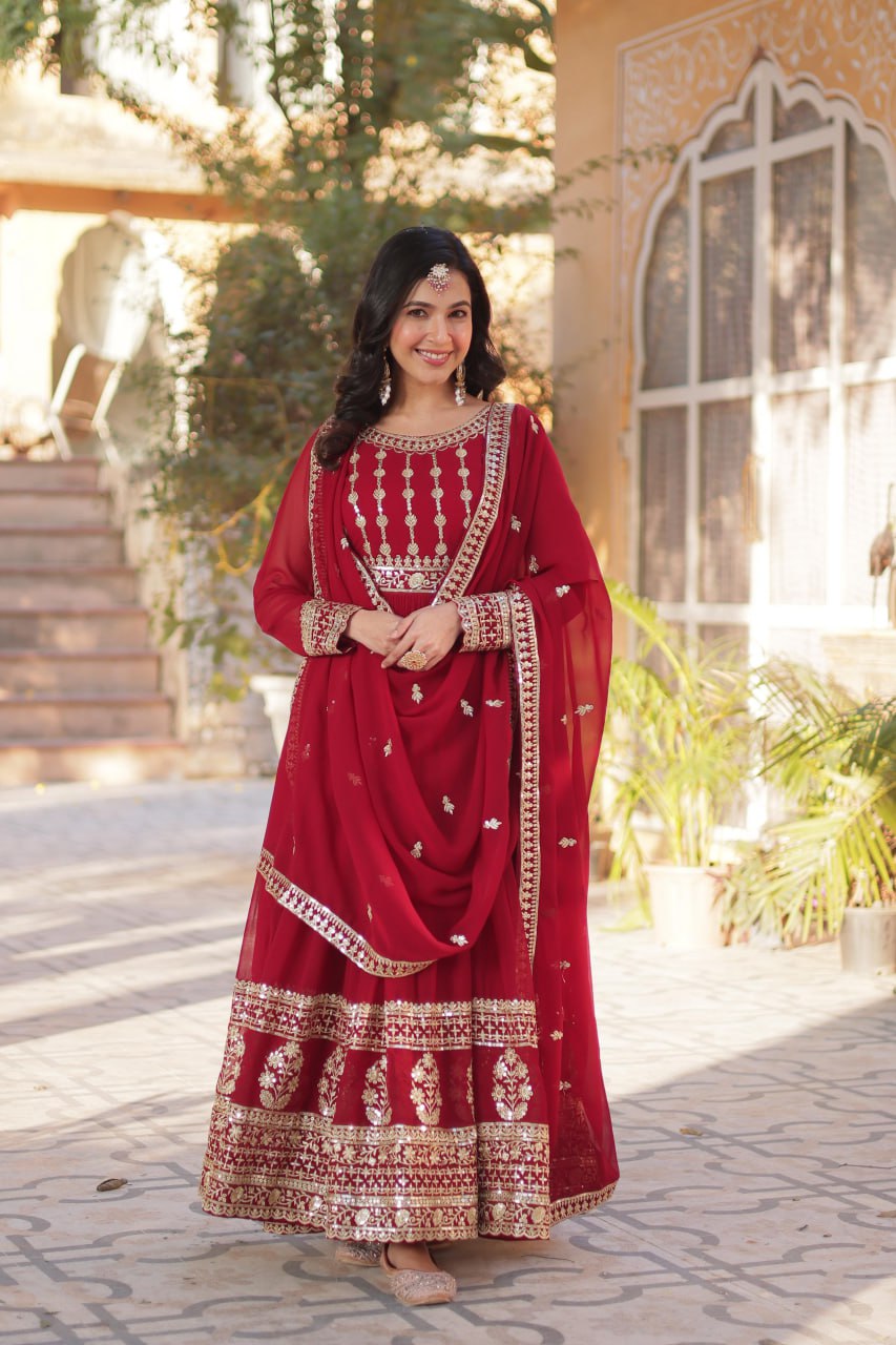 Red Premium Designer Readymade Gown-Dupatta Collection