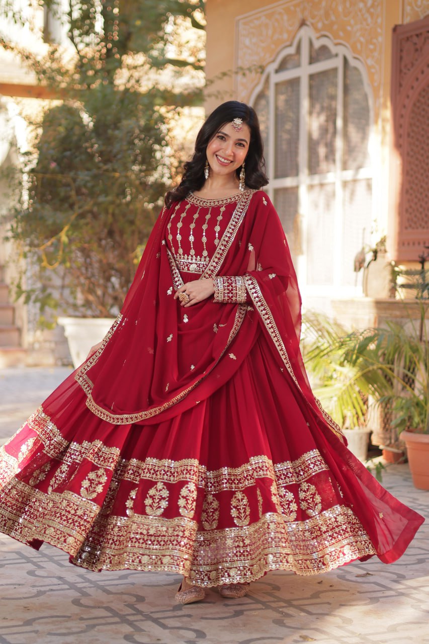 Red Premium Designer Readymade Gown-Dupatta Collection