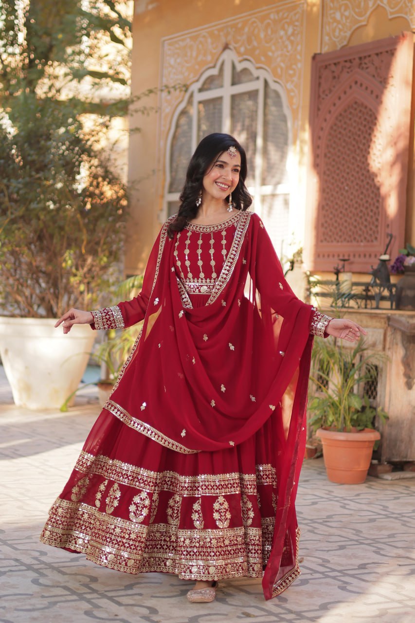 Red Premium Designer Readymade Gown-Dupatta Collection