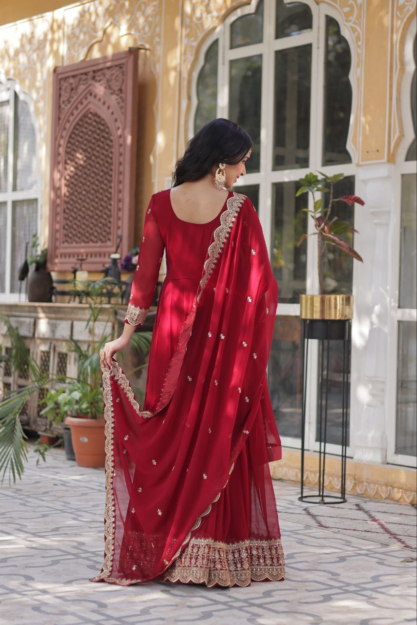 Red Premium Designer Readymade Gown with Dupatta Collection Elegant Embroidered Faux Blooming Design