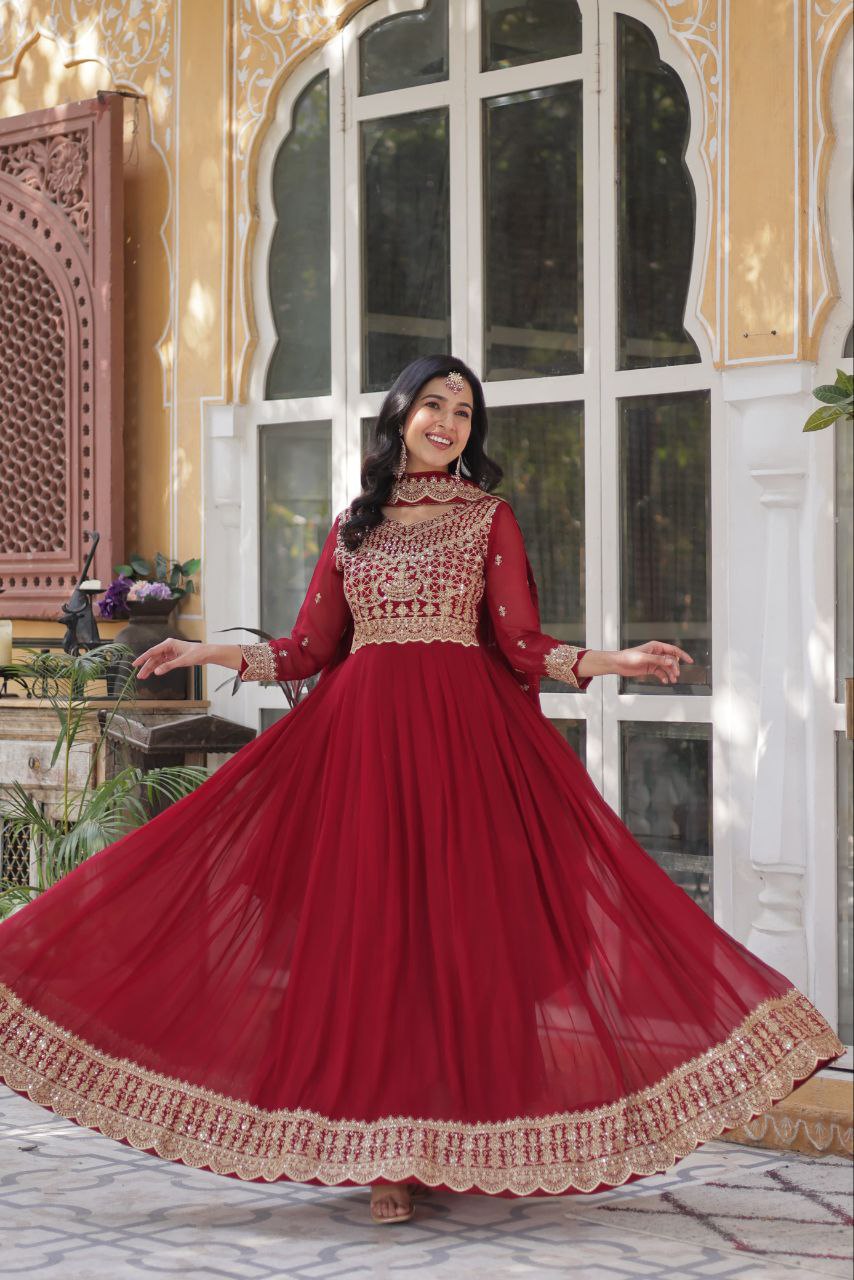 Red Premium Designer Readymade Gown with Dupatta Collection Elegant Embroidered Faux Blooming Design