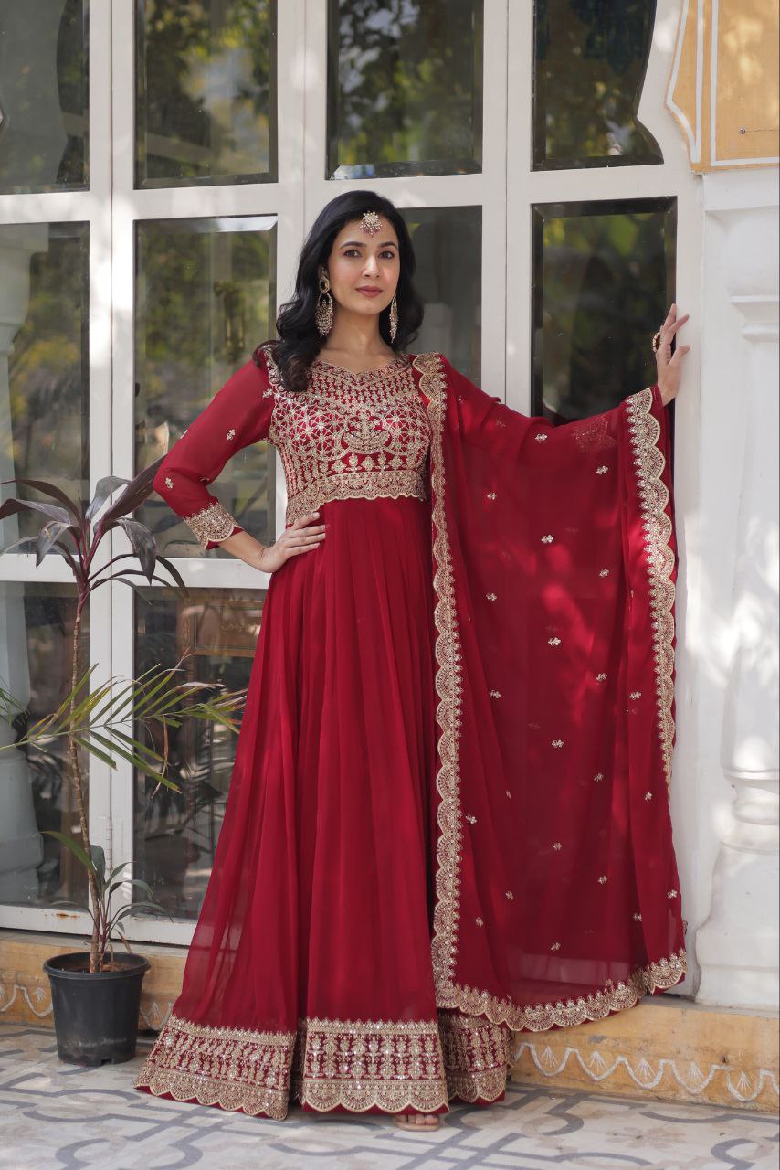 Red Premium Designer Readymade Gown with Dupatta Collection Elegant Embroidered Faux Blooming Design
