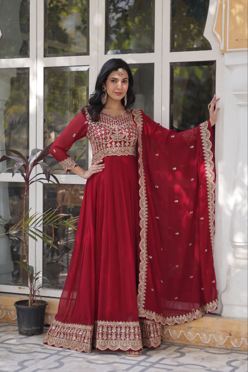 Red Premium Designer Readymade Gown with Dupatta Collection Elegant Embroidered Faux Blooming Design