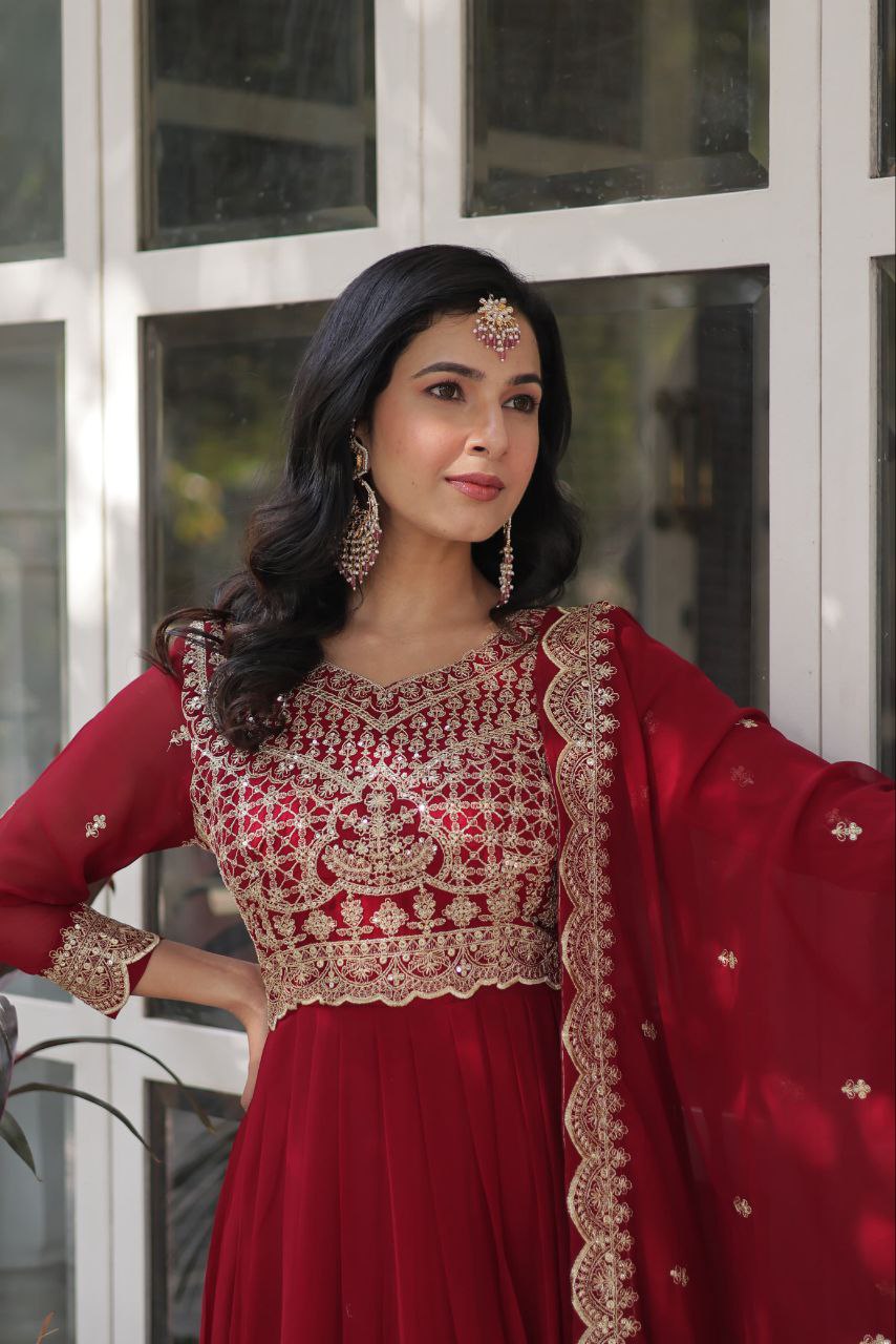 Red Premium Designer Readymade Gown with Dupatta Collection Elegant Embroidered Faux Blooming Design