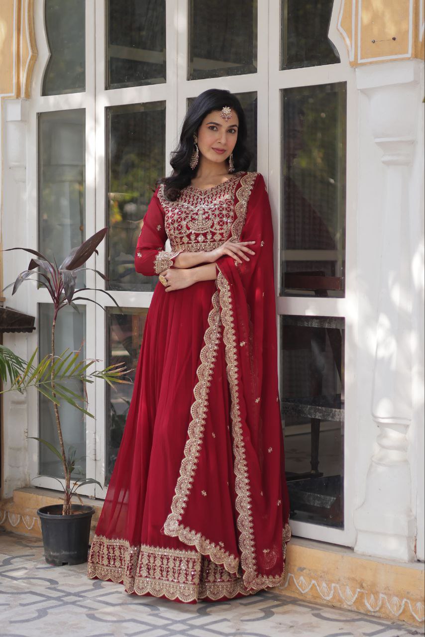 Red Premium Designer Readymade Gown with Dupatta Collection Elegant Embroidered Faux Blooming Design