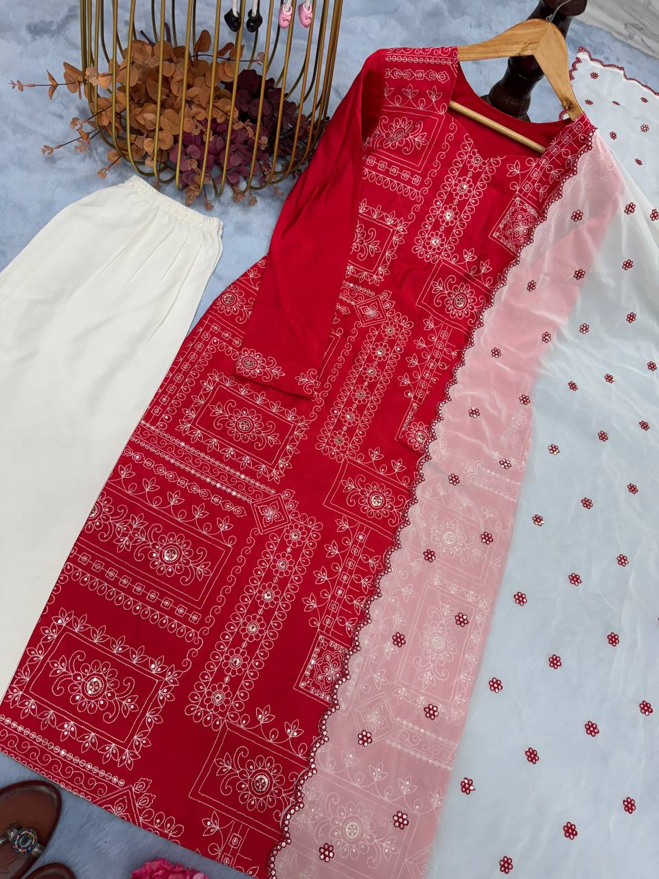 Red Premium Designer Readymade Pur Roman Silk Top, Bottom & Dupatta Set – Party & Festive Wear Collection