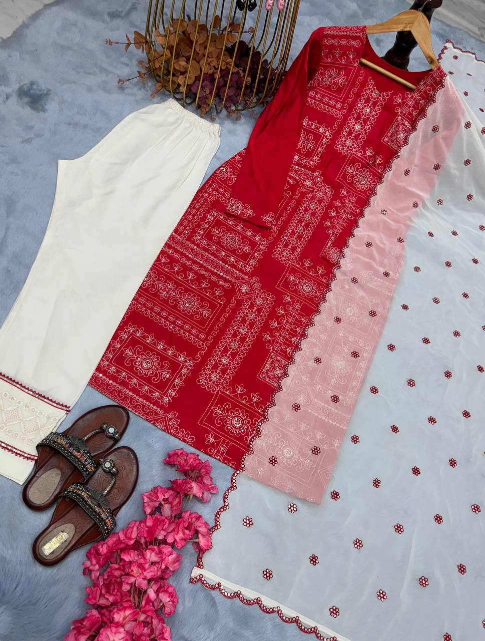 Red Premium Designer Readymade Pur Roman Silk Top, Bottom & Dupatta Set – Party & Festive Wear Collection