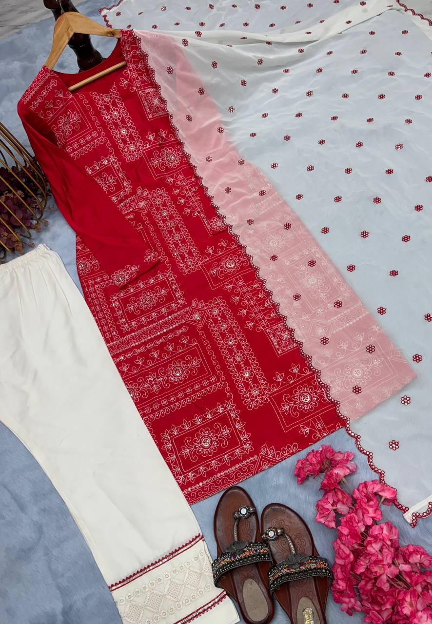 Red Premium Designer Readymade Pur Roman Silk Top, Bottom & Dupatta Set – Party & Festive Wear Collection