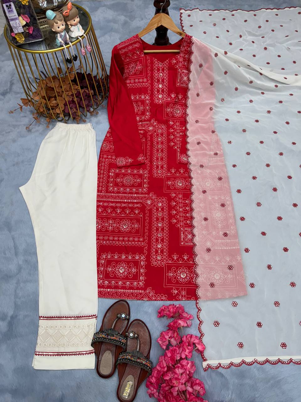 Red Premium Designer Readymade Pur Roman Silk Top, Bottom & Dupatta Set – Party & Festive Wear Collection