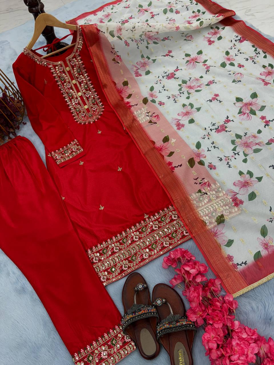 Red Premium Designer Readymade Top & Bottom Set with Elegant Dupatta – Party Wear Collection