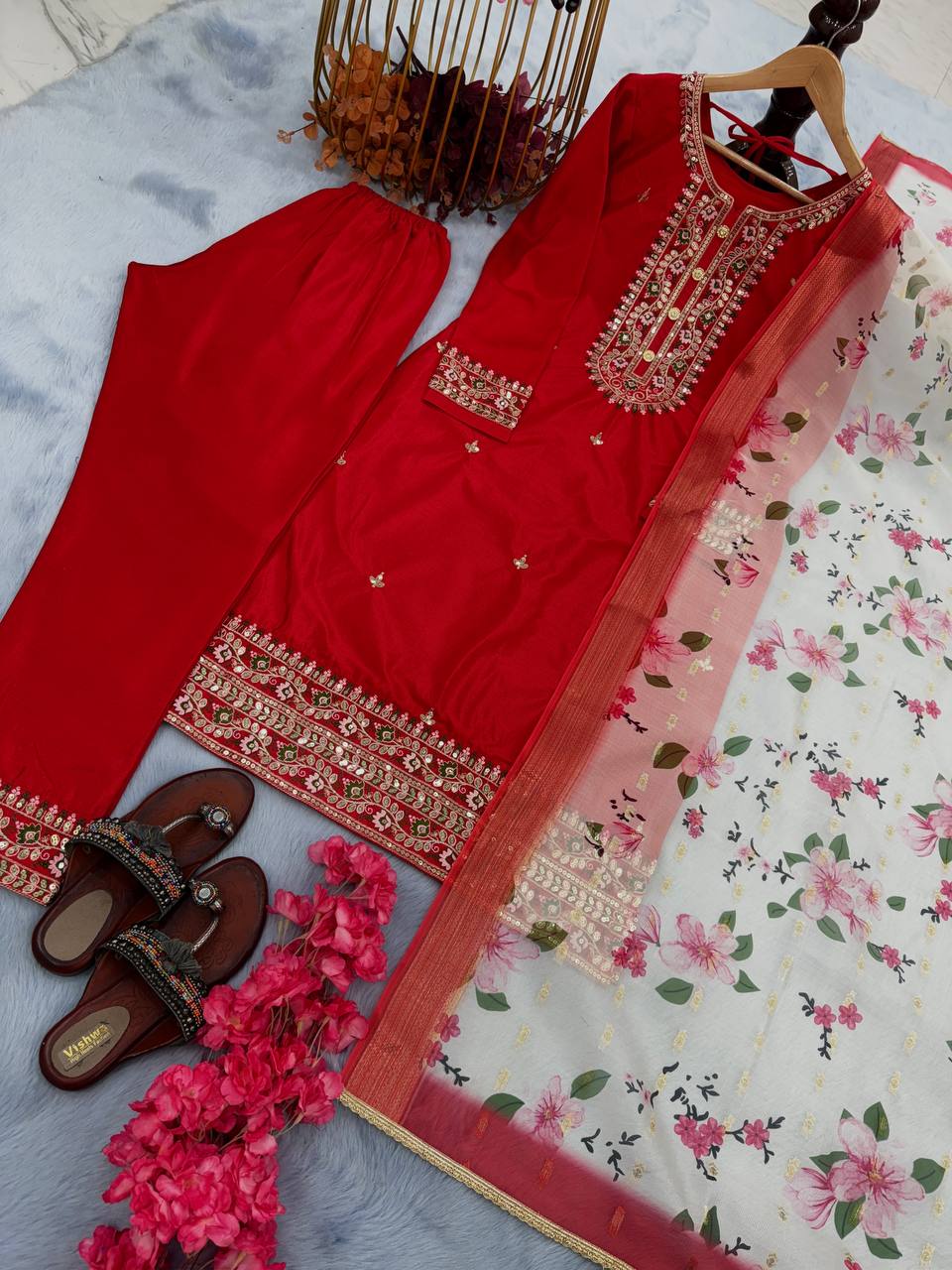Red Premium Designer Readymade Top & Bottom Set with Elegant Dupatta – Party Wear Collection