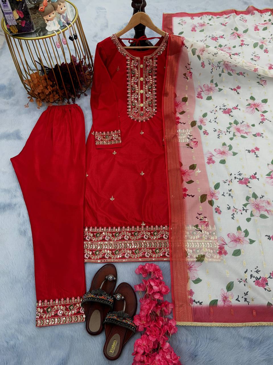 Red Premium Designer Readymade Top & Bottom Set with Elegant Dupatta – Party Wear Collection