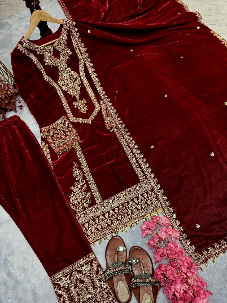 Red Premium Designer Readymade Viscose Velvet Top, Plazzo & Dupatta Set – Party Wear Elegance