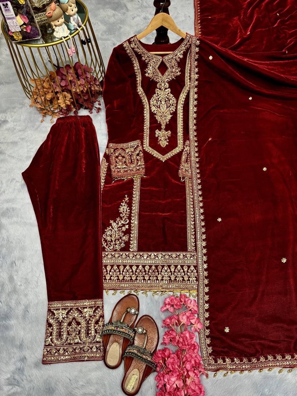 Red Premium Designer Readymade Viscose Velvet Top, Plazzo & Dupatta Set – Party Wear Elegance