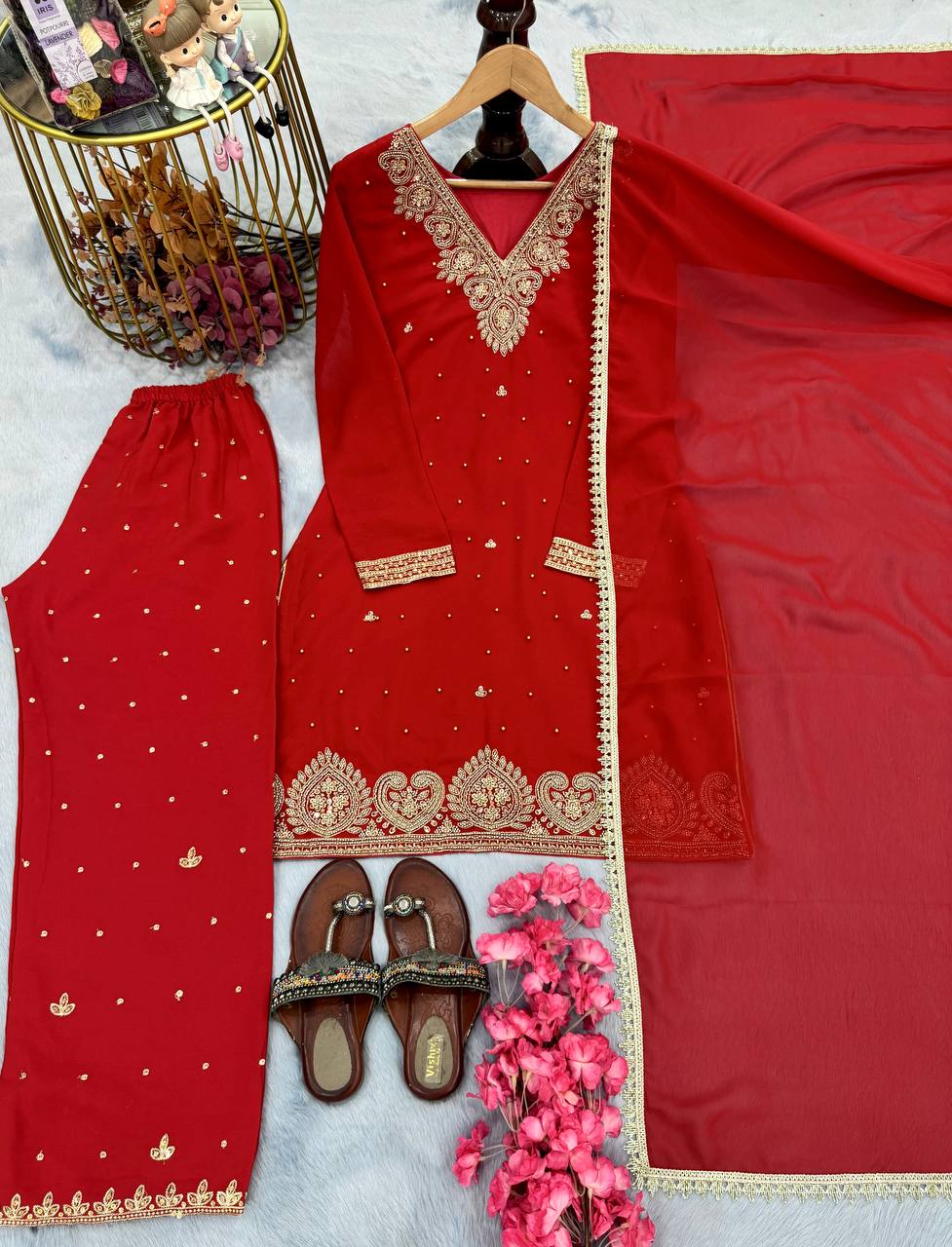 Red Premium Faux Georgette Plazzo Set with Beads, Sequins & Rivet Moti Work