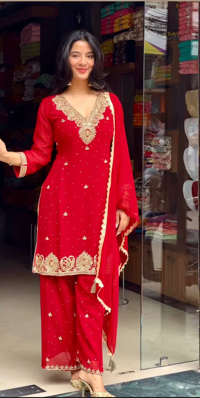 Red Premium Faux Georgette Plazzo Set with Beads, Sequins & Rivet Moti Work