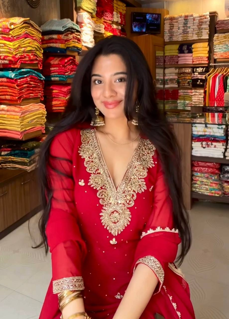 Red Premium Faux Georgette Plazzo Set with Beads, Sequins & Rivet Moti Work