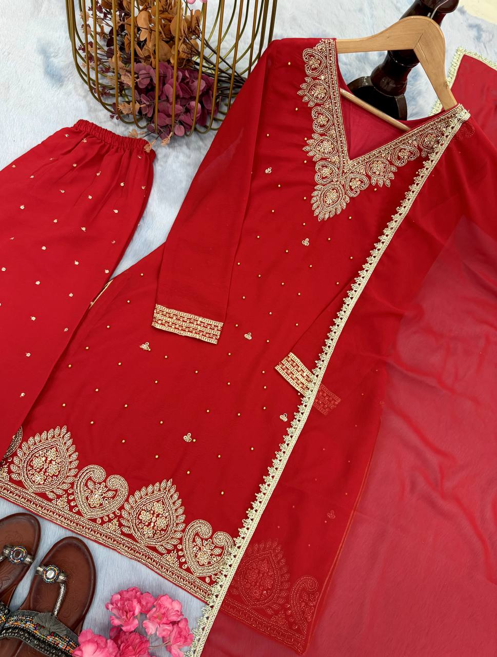 Red Premium Faux Georgette Plazzo Set with Beads, Sequins & Rivet Moti Work