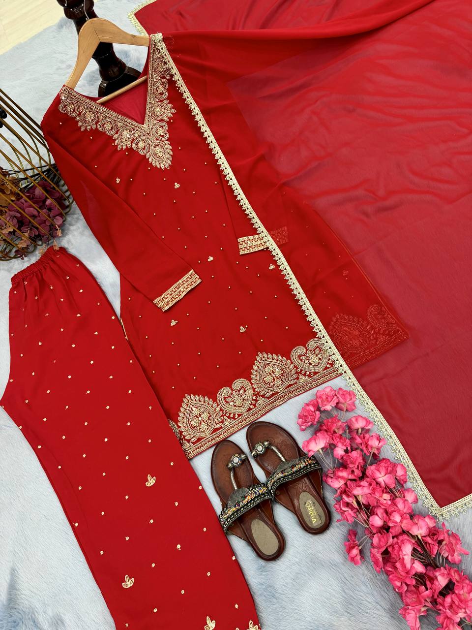 Red Premium Faux Georgette Plazzo Set with Beads, Sequins & Rivet Moti Work