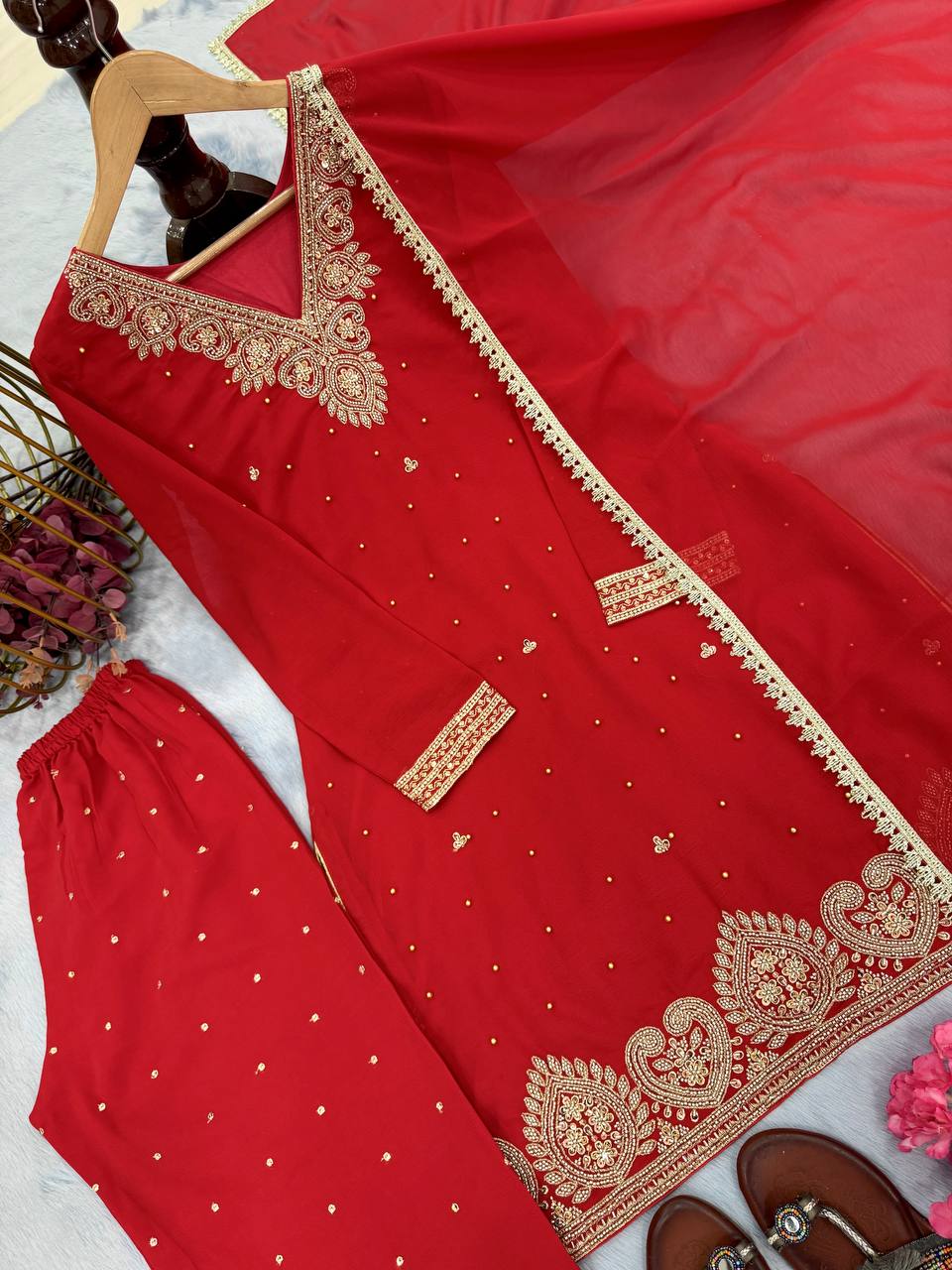 Red Premium Faux Georgette Plazzo Set with Beads, Sequins & Rivet Moti Work