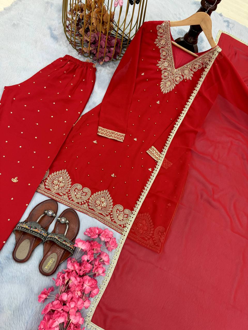 Red Premium Faux Georgette Plazzo Set with Beads, Sequins & Rivet Moti Work